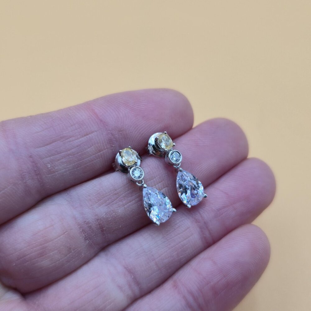 Sterling Silver Brilliant Yellow And Clear Cubic Zirconia Earrings A4557 - Picture 3 of 8